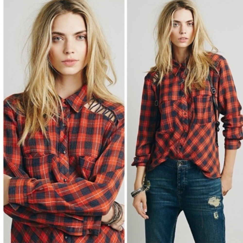 Free People Red and Black Plaid Button Down Shirt